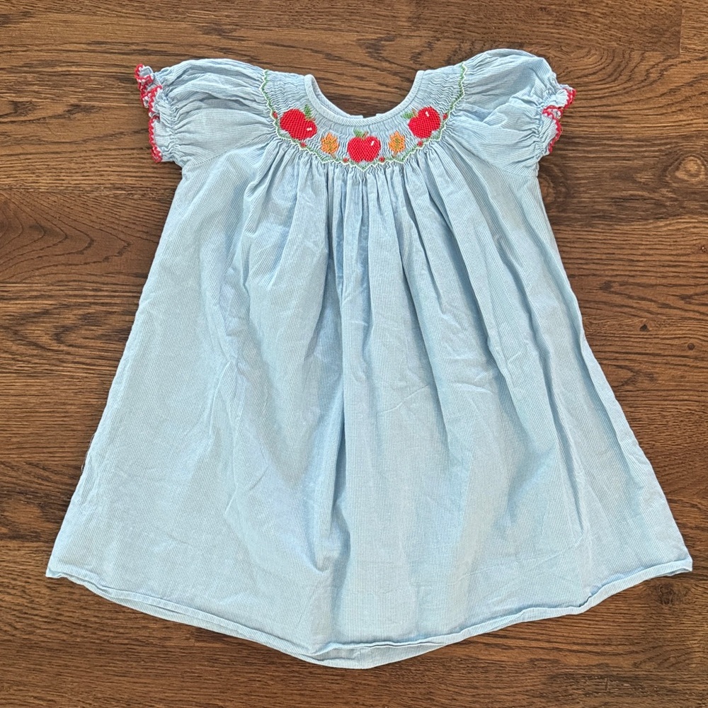 Blue Gingham Smocked Dress with Embroidered Red Apples And Orange Leafs